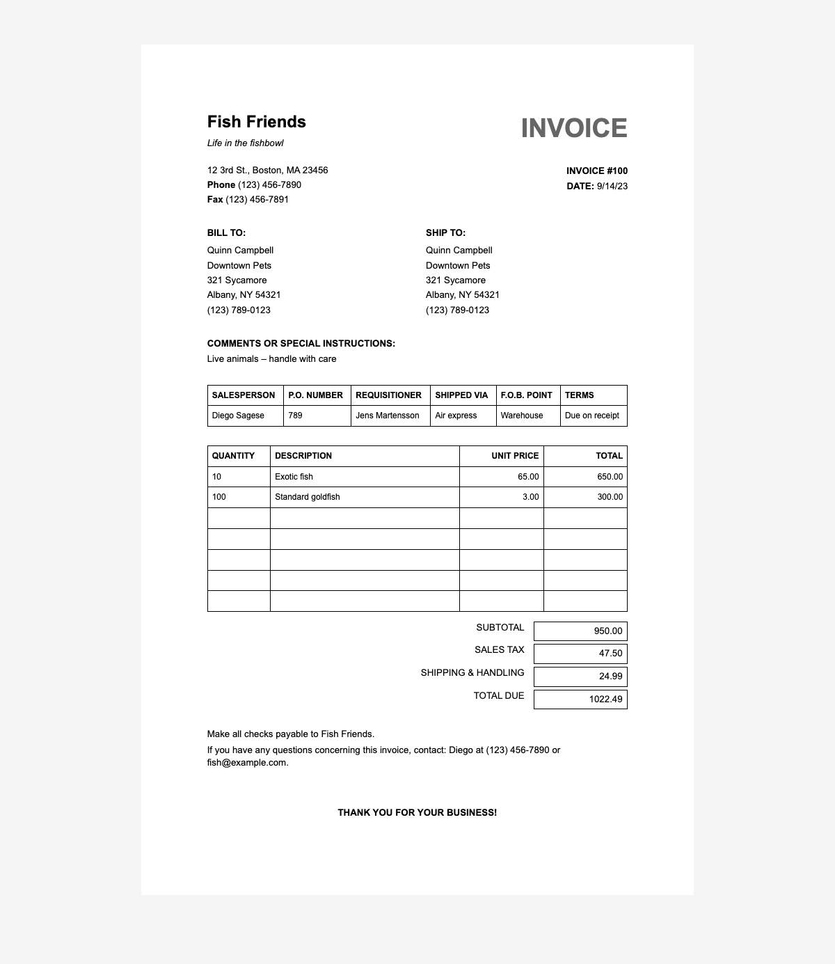 Sales invoice - Clean A4 billing template for pet suppliers with itemized tables and payment terms.